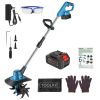 800W 21V Cordless Tiller Cultivator 3.0Ah Battery Powered Tiller with 8.66" Width 6.69" Depth Manganese Steel Tines for Soil Cultivation Weeding Garde
