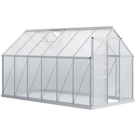 12' x 6' Aluminum Greenhouse, Polycarbonate Walk-in Garden Greenhouse Kit with Adjustable Roof Vent, Rain Gutter and Sliding Door, Silver