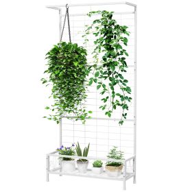 Metal Tall Plant Stand with Trellis and Hanging Bar, Plant Holder for Indoor Outdoor Use, 36" x 12.8" x 74", White