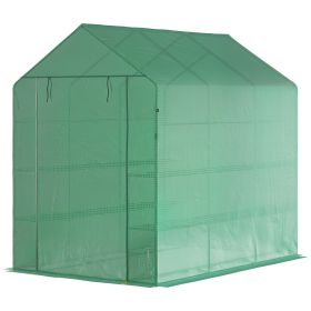 Walk-in Greenhouse 7x5x6 ft with PE Cover 3-Tier Shelves Steel Frame Roll-Up Zipper Door for Vegetables Green
