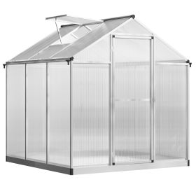 6' L x 6' W Walk-In Polycarbonate Greenhouse with Roof Vent for Ventilation & Rain Gutter, Hobby Greenhouse for Winter, Clear