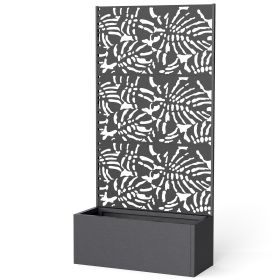 Metal Planter Box with Trellis, 71" Tall Raised Garden Bed with Privacy Screen and Drainage Holes, Banana-Leaf Cut-Outs