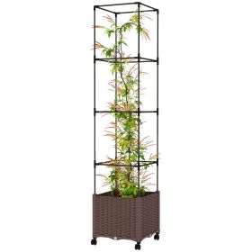Raised Garden Bed with Trellis, Tomato Cage with Lockable Wheels, Self Watering Planter Box with Drainage Holes, Brown