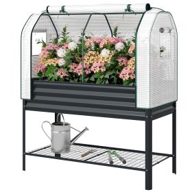 Galvanised Raised Garden Bed with Greenhouse Cover, Metal Elevated Garden Bed with Bed Liner, Bottom Shelf, Black
