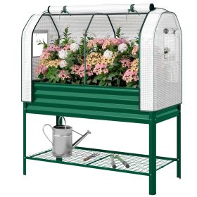 Galvanised Raised Garden Bed with Greenhouse Cover, Metal Elevated Garden Bed with Bed Liner, Bottom Shelf, Green