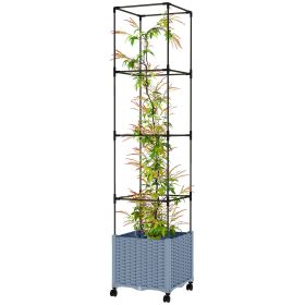 Raised Garden Bed with Trellis, Tomato Cage with Lockable Wheels, Self Watering Planter Box with Drainage Holes, Gray