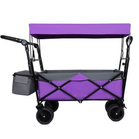 With Push Handle, 480Lbs Collapsible Wagon with Canopy, Wagon cart with 7" All-Terrain Wheels, Lightweight Foldable Wagon, Large Capacity for Camping