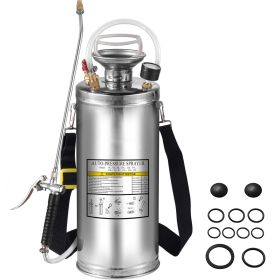 2Gal Stainless Steel Sprayer, Set with 20" Wand& Handle& 3FT Reinforced Hose, Hand Pump Sprayer with Pressure Gauge&Safety Valve