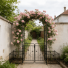 Metal Garden Arch with Gate 79.5'' Wide x 86.6'' High Climbing Plants Support Rose Arch Outdoor Black