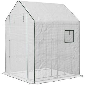 4.6' x 4.7' Portable Greenhouse, Water/UV Resistant Walk-In Small Outdoor Green House with 2 Tier U-Shaped Flower Rack Shelves, Roll Up Door & Windows