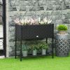 Elevated Metal Garden Bed with Rattan Look and Tool Storage, Modern Design, Black