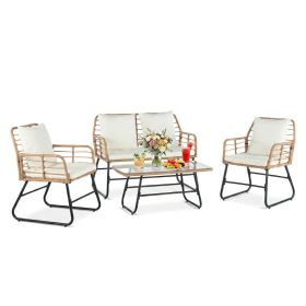 Outdoor Four-piece Garden Furniture Set, Rattan Garden Set, Equipped With Thick Interlayer Structure Cushions, Deep-set All-weather Rattan Sofa (Option: brown)