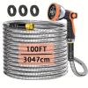 100FT Heavy Duty 304 Stainless Steel Garden Hose with 10-Pattern Spray Nozzle, Flexible Kink-Free Metal Water Hose with Brass Fittings for Lawn, Patio