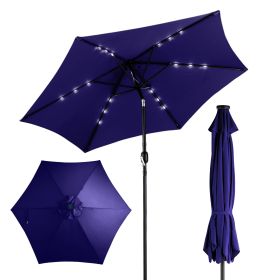 9ft Solar LED Patio Umbrella with Push Button Tilt & Crank, 6 Ribs Waterproof Polyester Outdoor Market Table Umbrella for Garden Backyard Pool (Color: Navy Blue)