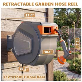 Auto Rewind Retractable Hose Reel, Wall Mounted with 180Â° Swivel, Multi-Function Spray Nozzle for Outdoor Watering (size: 130FT)
