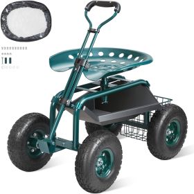 Garden Cart Rolling Workseat with Wheels, Gardening Stool for Planting, 360 Degree Swivel Seat, Wagon Scooter with Steering Handle & Utility Tool Tray (Color: Green)