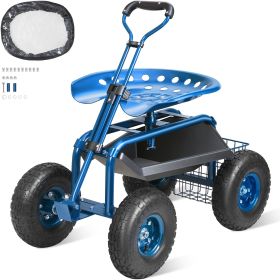 Garden Cart Rolling Workseat with Wheels, Gardening Stool for Planting, 360 Degree Swivel Seat, Wagon Scooter with Steering Handle & Utility Tool Tray (Color: Blue)