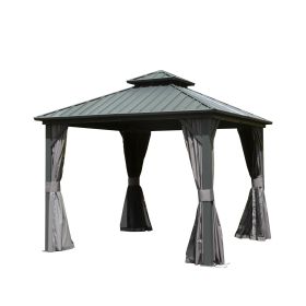 10' X 10' Hardtop Gazebo, Aluminum Metal Gazebo with Galvanized Steel Double Roof Canopy, Curtain and Netting, Permanent Gazebo Pavilion for Patio (Color: as Pic)