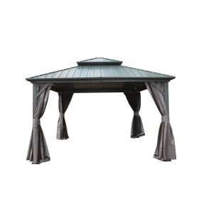 12' X 12' Hardtop Gazebo, Aluminum Metal Gazebo with Galvanized Steel Double Roof Canopy, Curtain and Netting, Permanent Gazebo Pavilion for Patio (Color: as Pic)